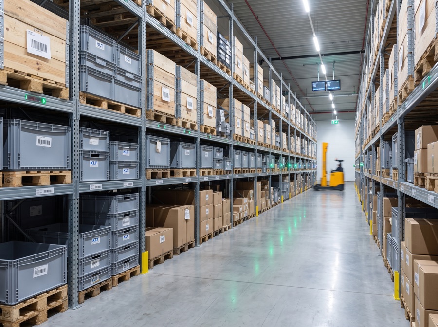 Aufgeräumtes Lager mit beschrifteten Paletten und KLT-Boxen