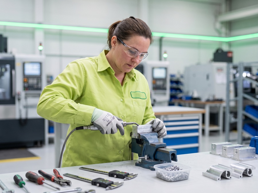 Mitarbeiterin entgratet ein Werkstück an ihrem Arbeitsplatz